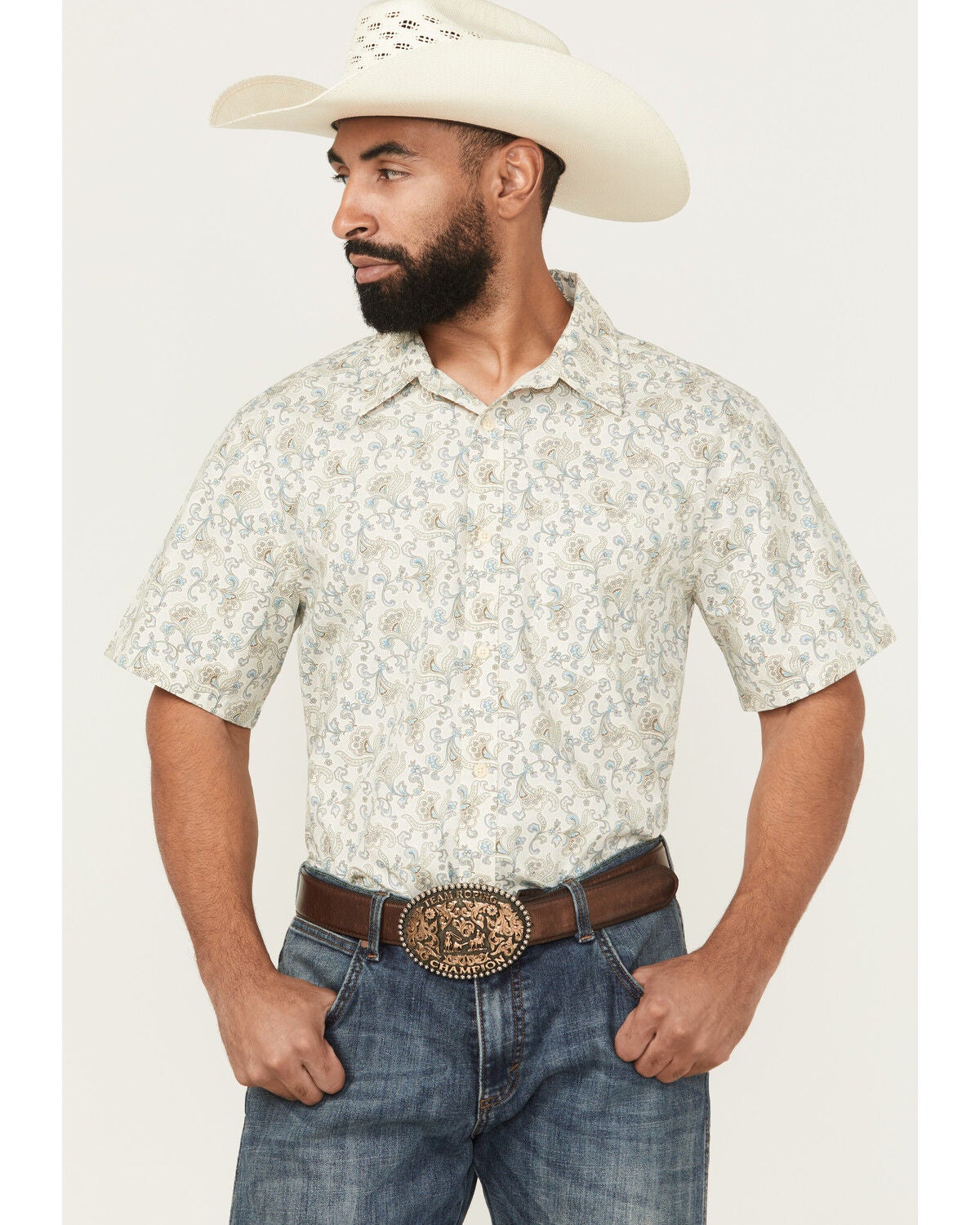 Gibson Trading Co Men's Groovy Floral Print Short Sleeve Button-Down Western Shirt - Tall, Ivory, hi-res