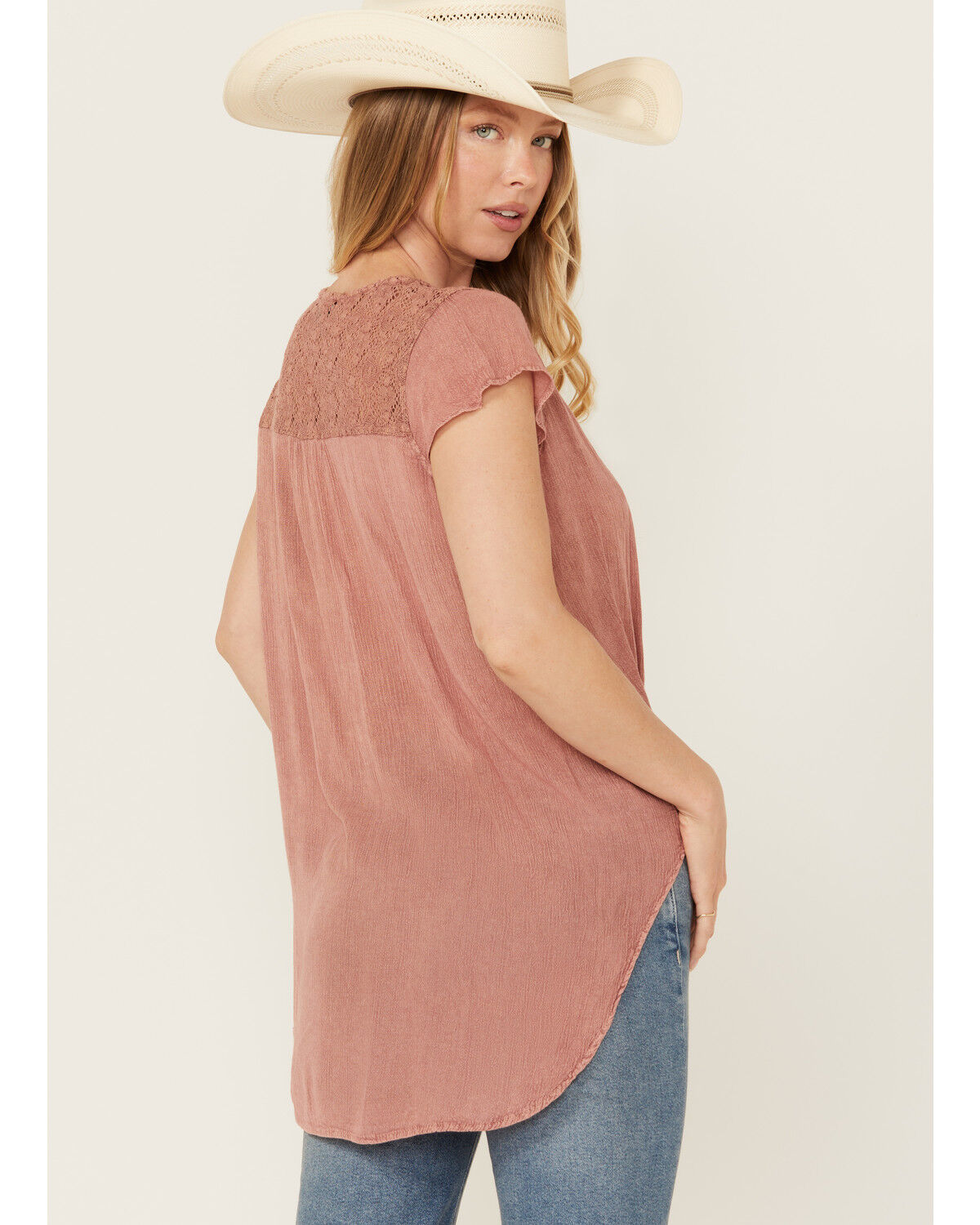 Image #4 - Nostalgia Women's Lace Trim Short Sleeve Tie Front Shirt, Mauve, hi-res
