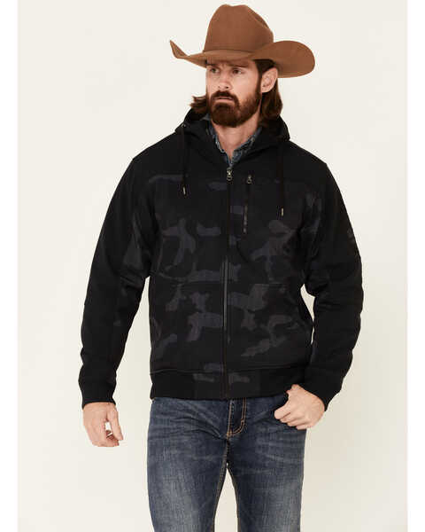 Image #1 - Cinch Men's Black Camo Print Zip-Front Bonded Hooded Jacket, , hi-res
