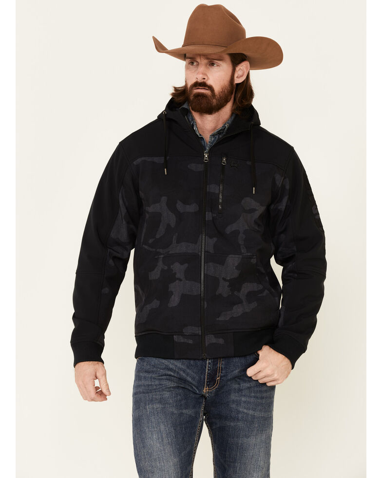 Cinch Men's Black Camo Print Zip-Front Bonded Hooded Jacket, Black, hi-res