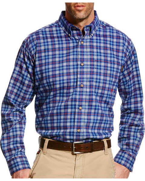 Ariat Men's Collins Blue FR Plaid Button Work Shirt - Big & Tall, Blue, hi-res