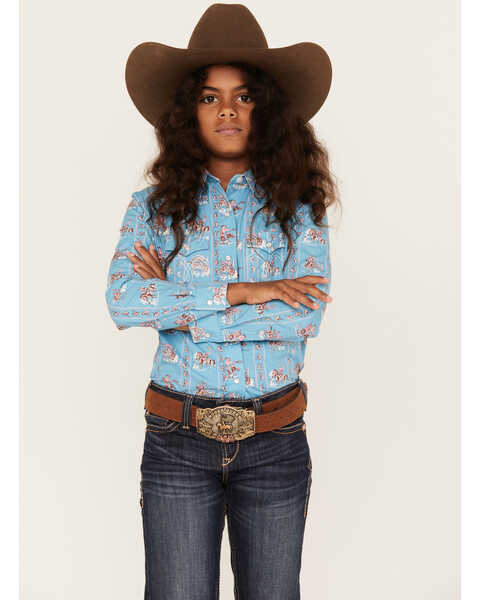Panhandle Girls' Rodeo Print Long Sleeve Western Snap Shirt, Blue, hi-res