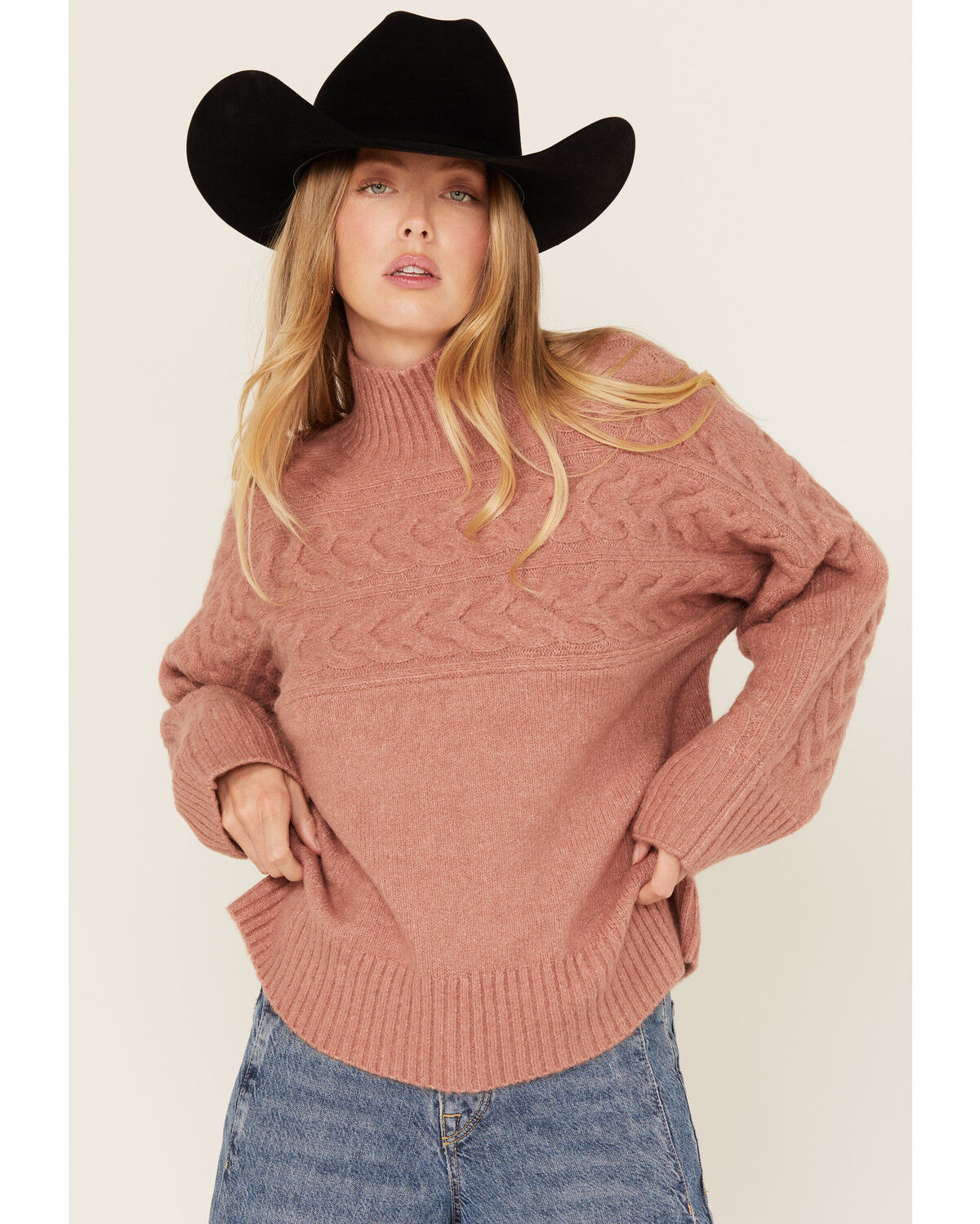 Image #1 - Cleo + Wolf Women's Mock Neck Pullover Cable Knit Sweater, Peach, hi-res