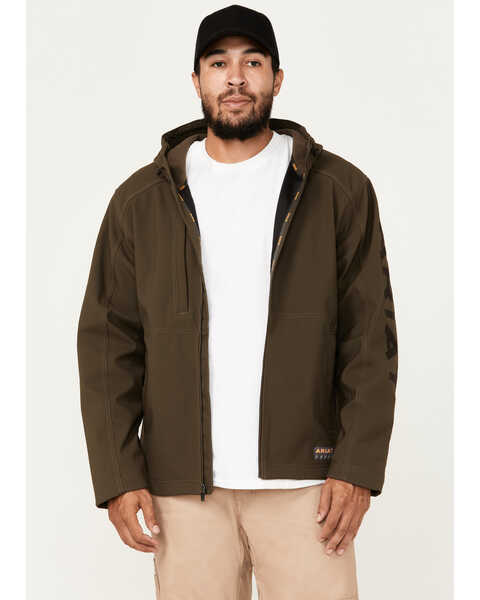 Ariat Men's Rebar Stretch Canvas Softshell Hooded Logo Jacket , Brown, hi-res