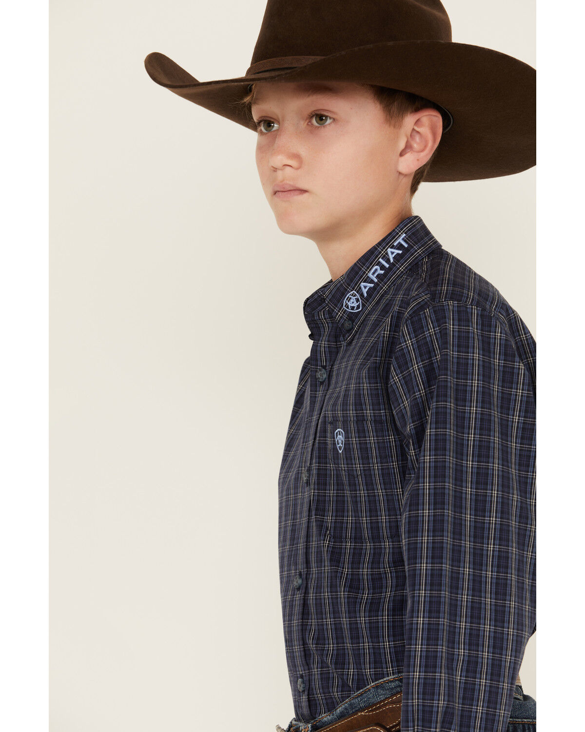 Image #3 - Ariat Boys' Team Plaid Print Long Sleeve Button-Down Western Shirt, Navy, hi-res