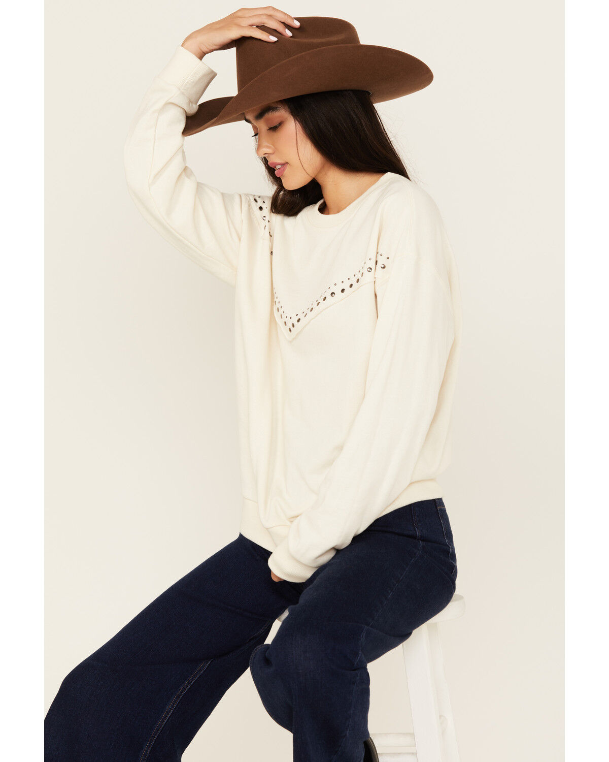 Image #2 - Ariat Women's Studded Western Yoke Sweatshirt, White, hi-res