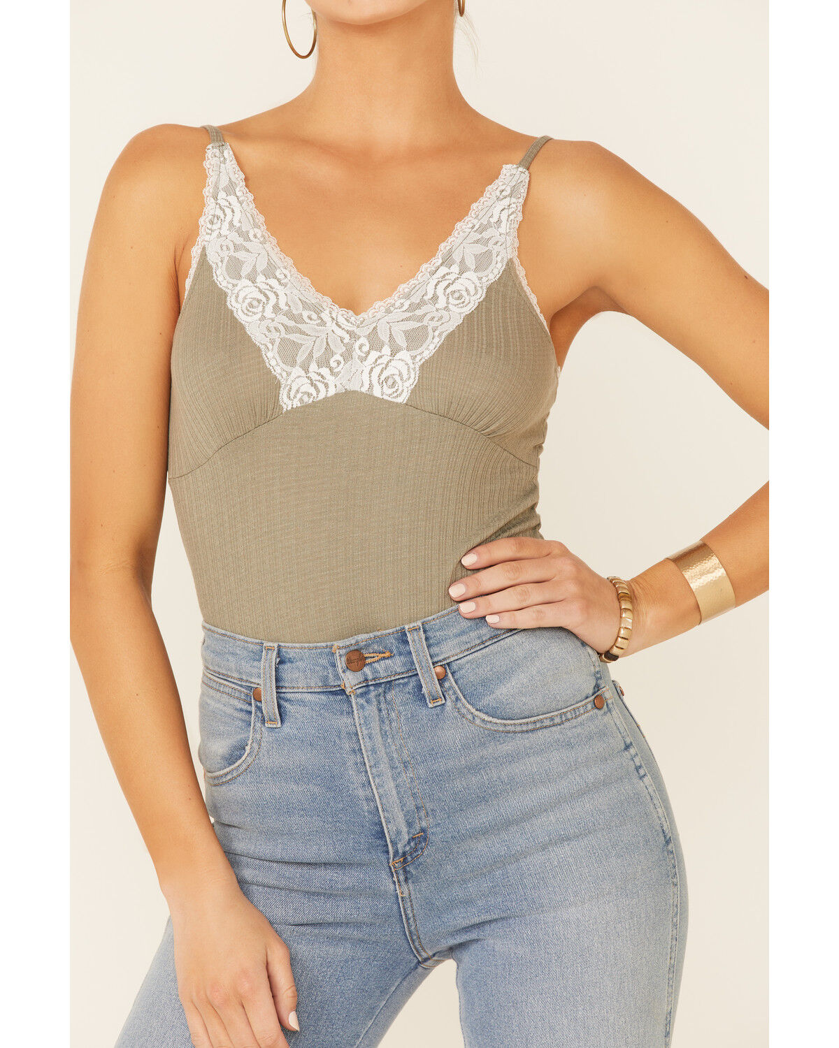 Image #4 - Wild Moss Women's Sage Rib Lace Trim Pointelle Cami, Sage, hi-res