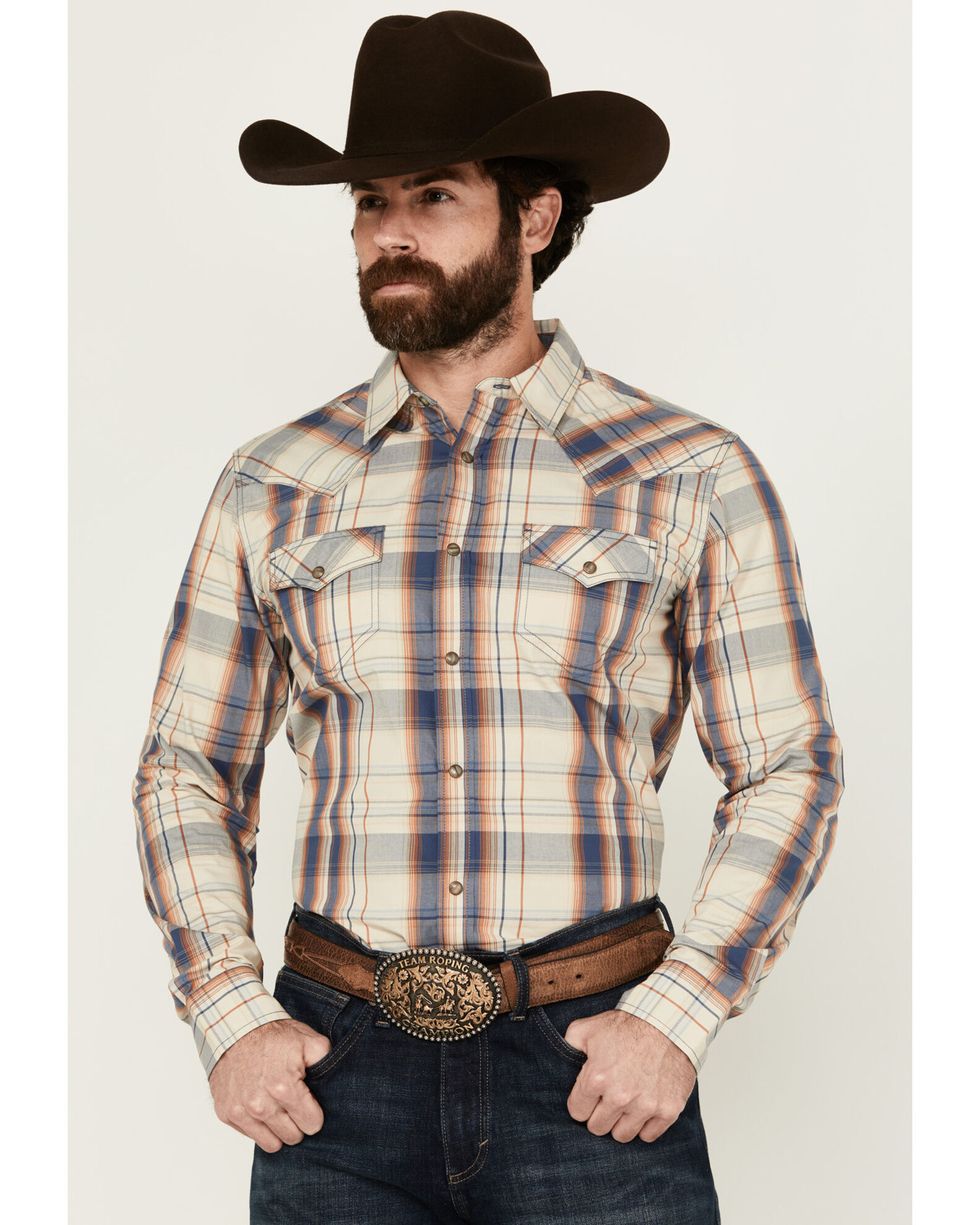 Image #1 - Cody James Men's Pay Day Plaid Print Long Sleeve Snap Western Shirt, Tan, hi-res