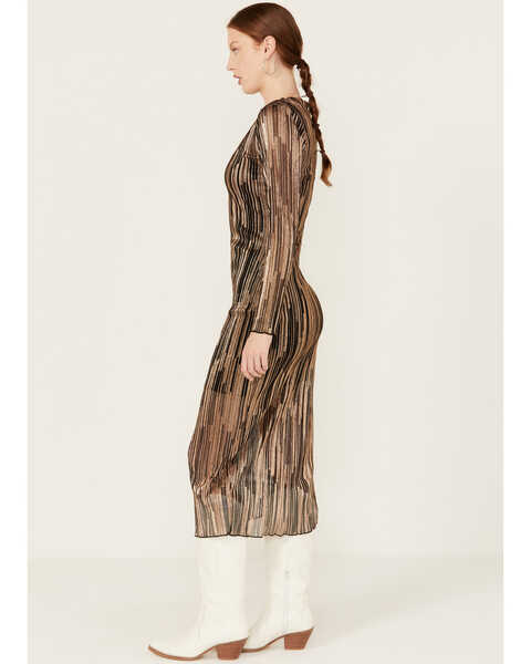 Image #2 - En Creme Women's Striped Mesh Long Sleeve Midi Dress, Brown, hi-res