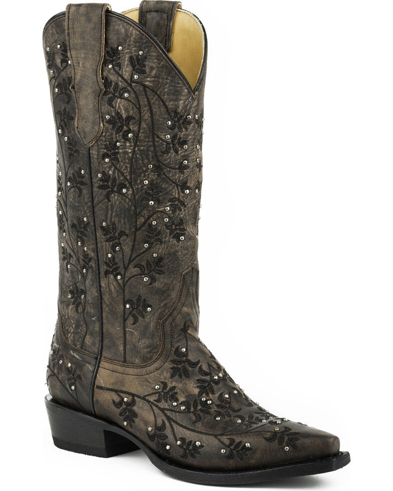 Stetson Women's Desiree Studded Embroidered Western Boots - Snip Toe, Brown, hi-res