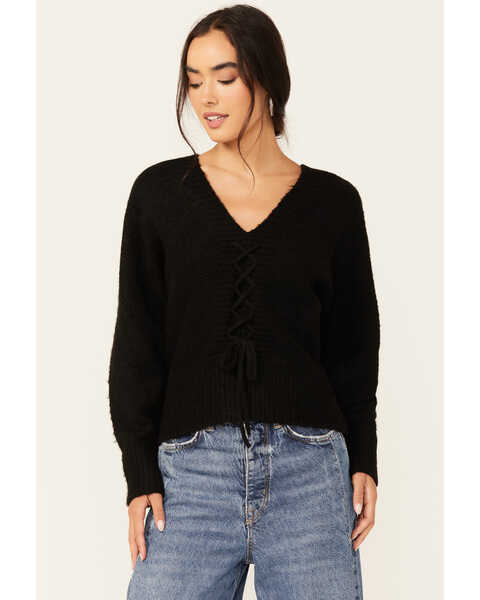 Image #1 - Lili Sidonio Women's Long Sleeve Mock Lace-Up Sweater , Black, hi-res