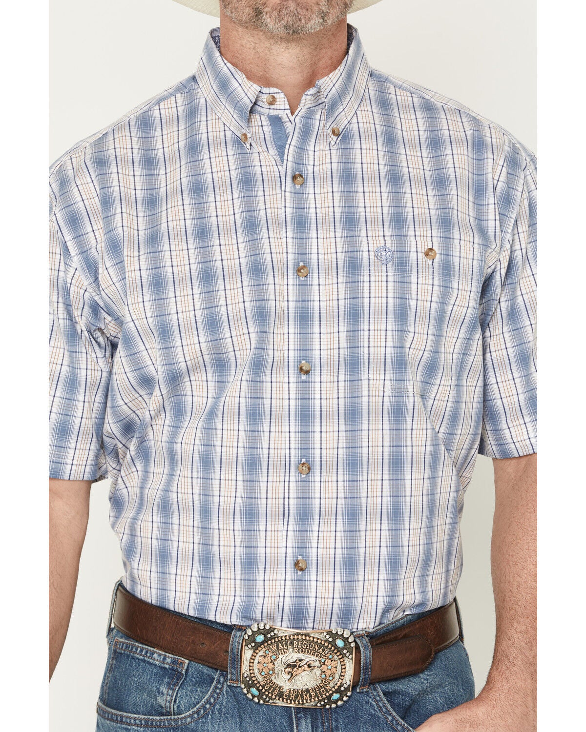Image #3 - George Strait by Wrangler Men's Plaid Print Short Sleeve Button-Down Stretch Western Shirt, Blue, hi-res