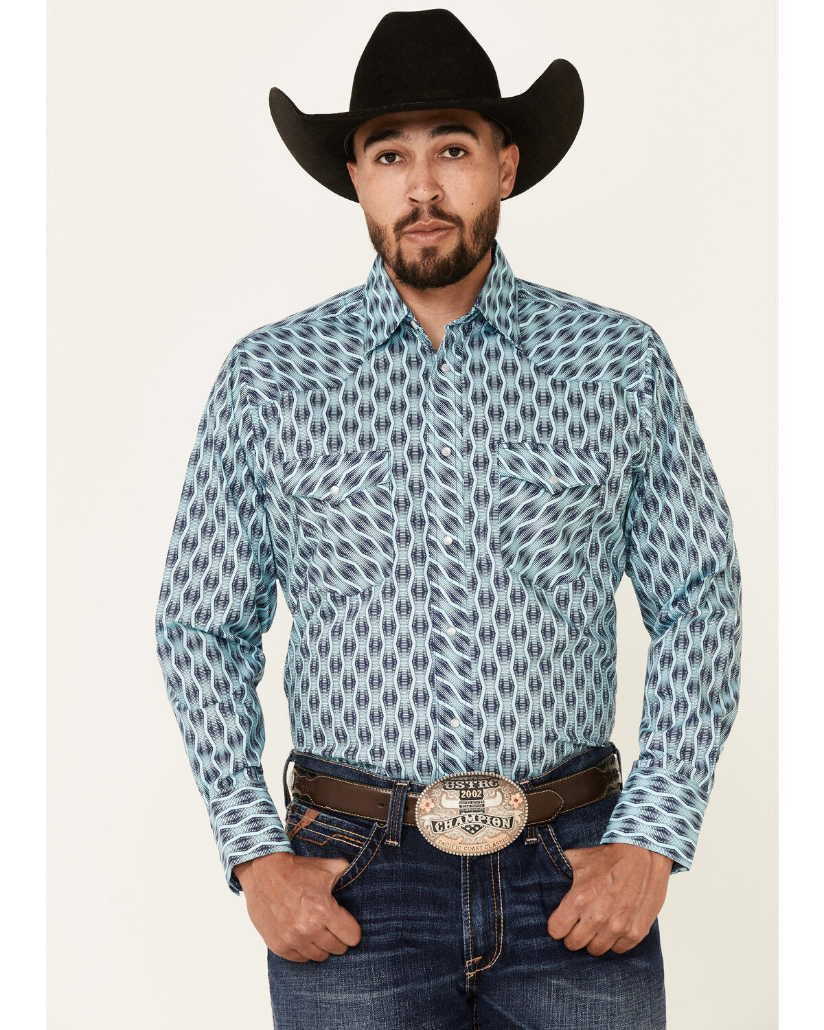 Image #1 - Wrangler Men's Silver Edition Turquoise Southwestern Stripe Long Sleeve Pearl Snap Western Shirt, Turquoise, hi-res