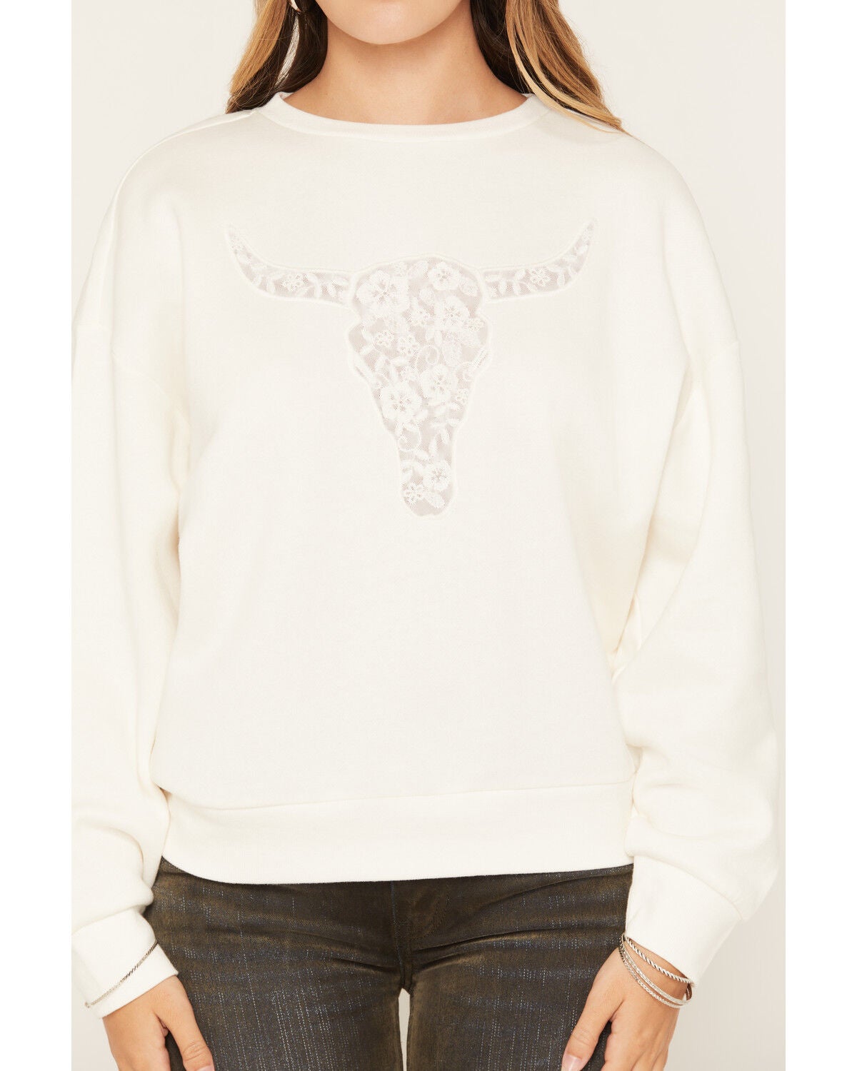Image #3 - Blended Women's Steer Head Lace Graphic Crewneck Sweatshirt, Cream, hi-res