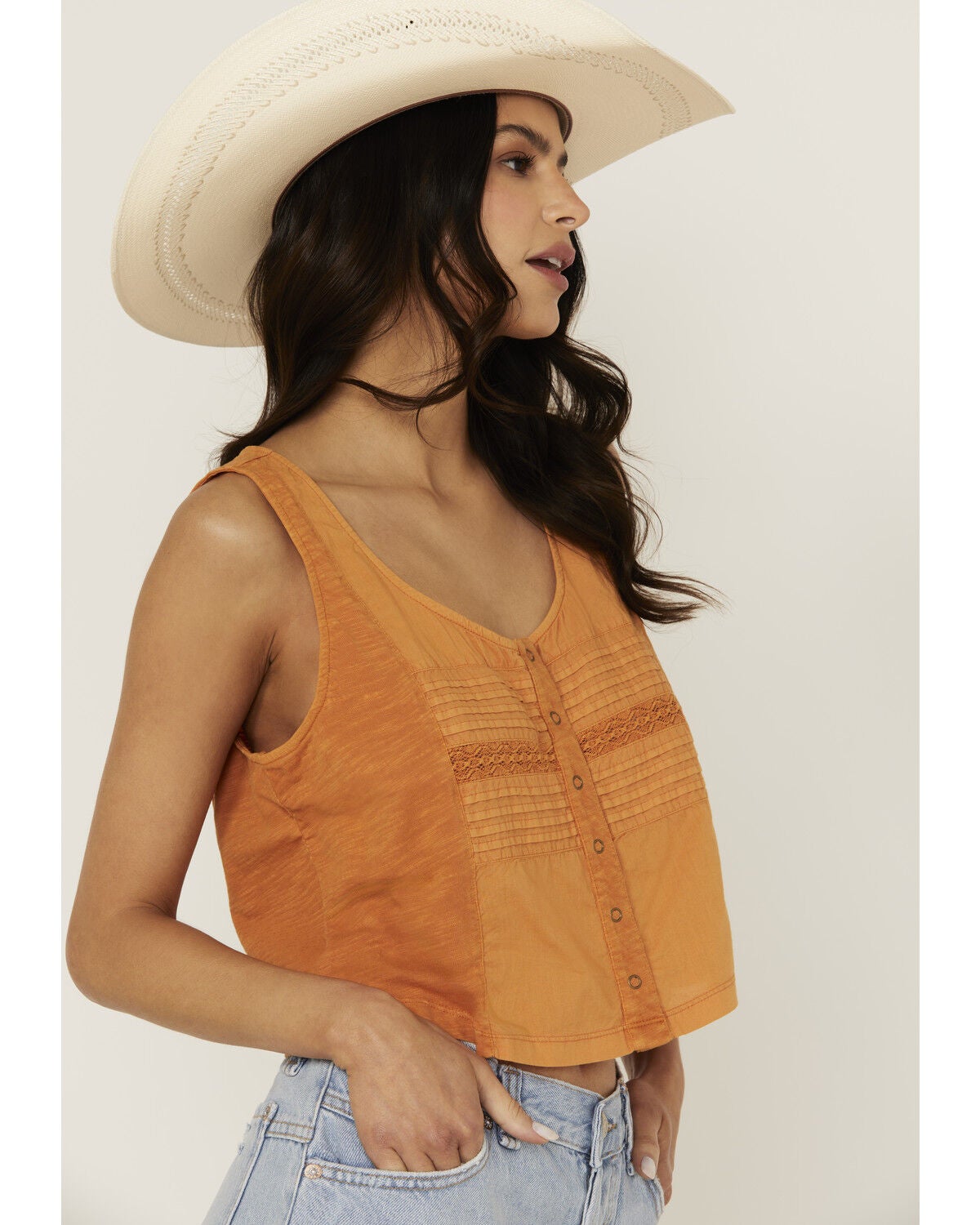 Image #2 - Cleo + Wolf Women's Brighton Cropped Pintuck Tank, Light Orange, hi-res