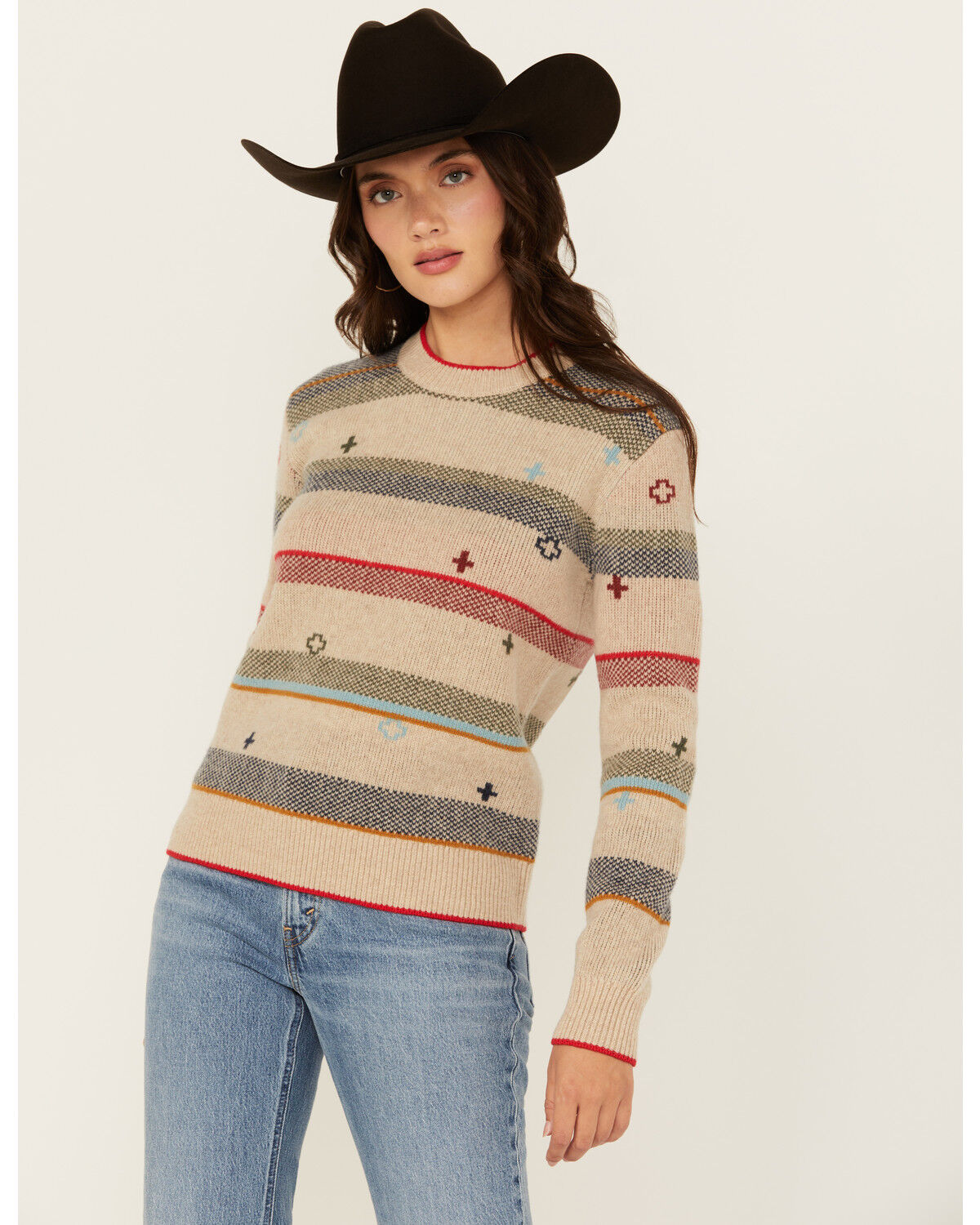 Image #1 - Pendleton Women's Striped Sweater, Oatmeal, hi-res