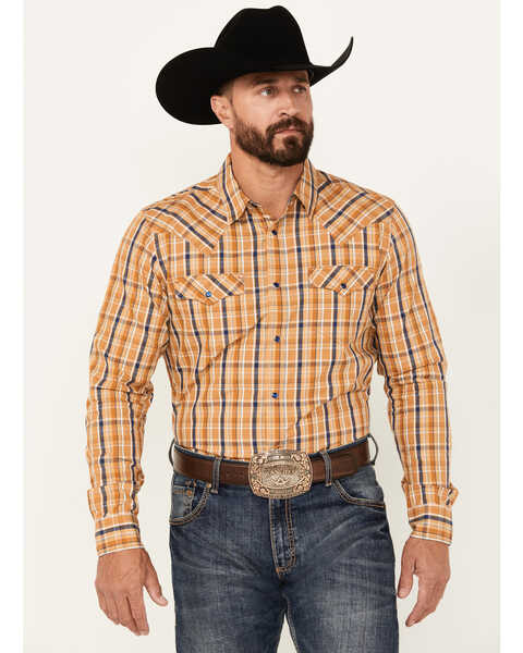 Image #1 - Cody James Men's Railroad Plaid Print Long Sleeve Snap Western Shirt, Lt Brown, hi-res