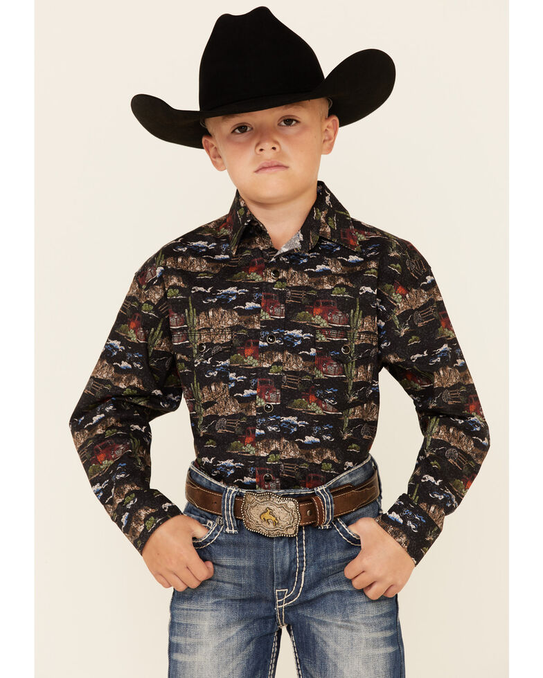 Dale Brisby Boys' Western Range Conversational Print Long Sleeve Snap Western Shirt , Black, hi-res