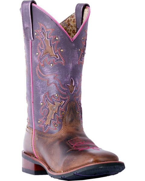 Laredo Women's Lola Purple Tan Inlay Western Performance Boots - Square Toe, Tan, hi-res
