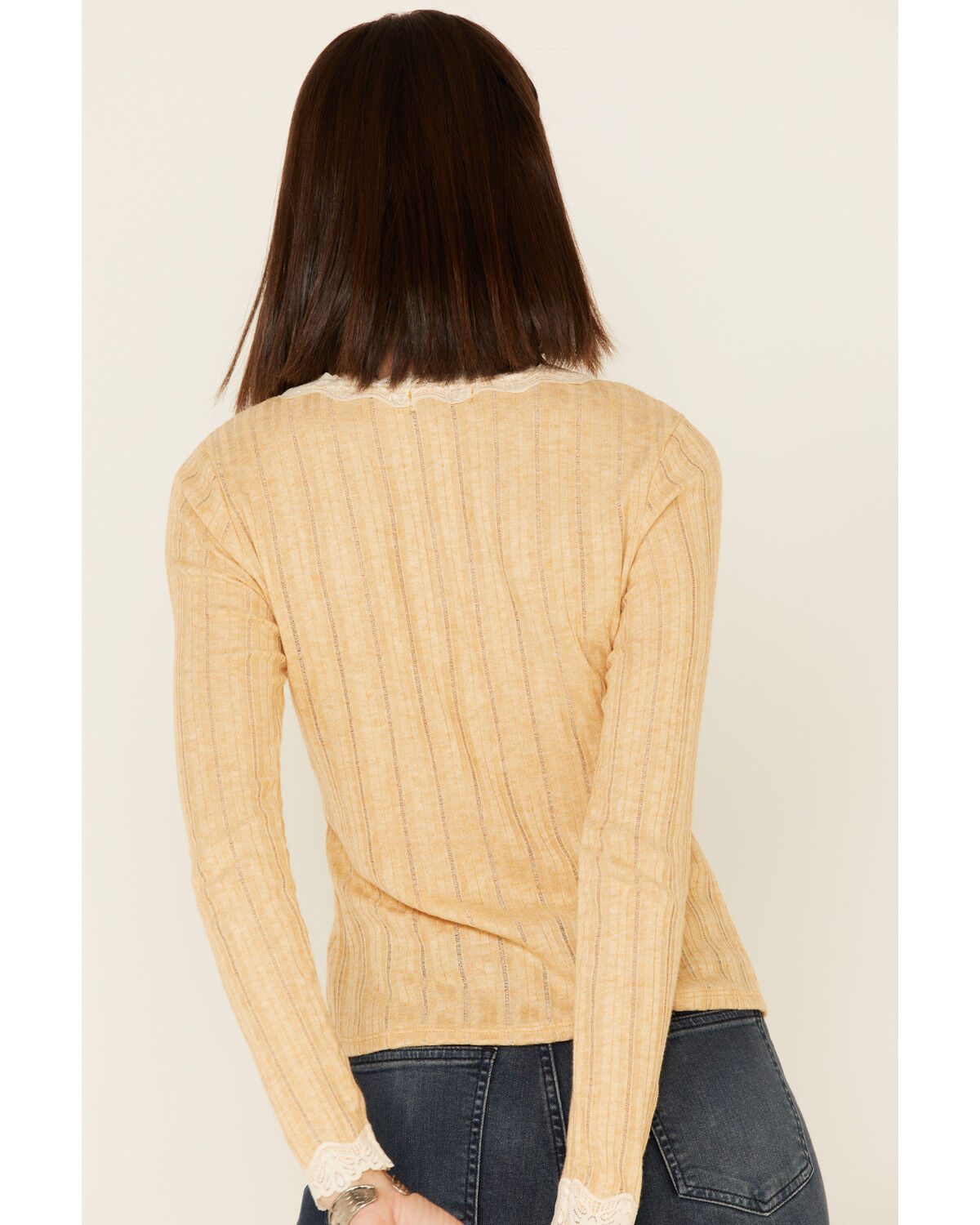 Image #5 - Wild Moss Women's Ribbed Knit Henley Lace Long Sleeve Top, Yellow, hi-res