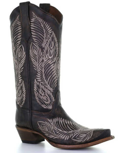 Circle G Women's Feather Embroidery Western Boots - Snip Toe, Dark Brown, hi-res