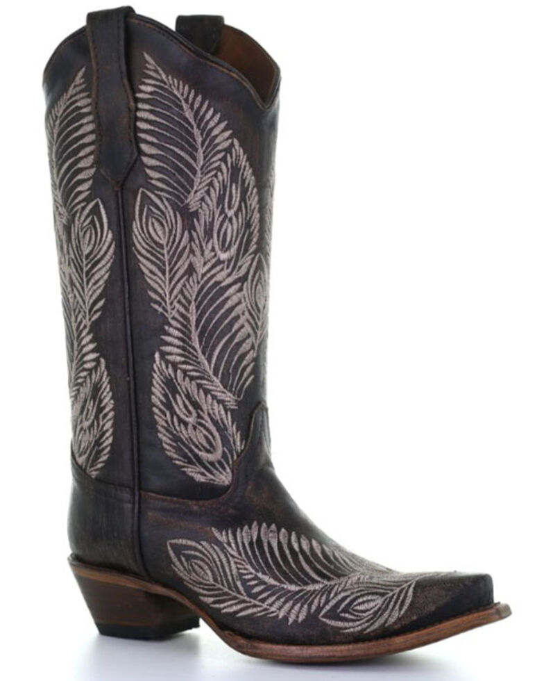 Circle G Women's Brown Feather Embroidery Western Boots - Snip Toe, Dark Brown, hi-res