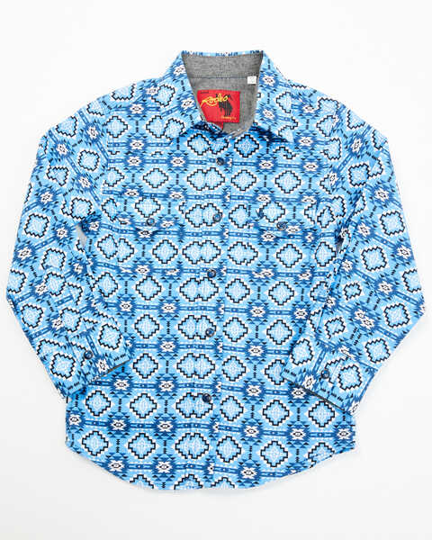 Rodeo Clothing Boys' Southwestern Print Long Sleeve Snap Western Shirt , Blue, hi-res