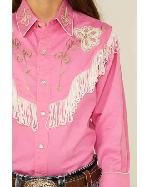Image #3 - Rockmount Ranchwear Girls' Embroidered Vintage Fringe Long Sleeve Pearl Snap Western Shirt, Pink, hi-res