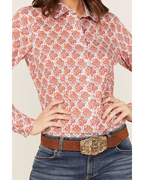 Image #3 - Cinch Women's Paisley Print Long Sleeve Button Down Core Shirt, Coral, hi-res