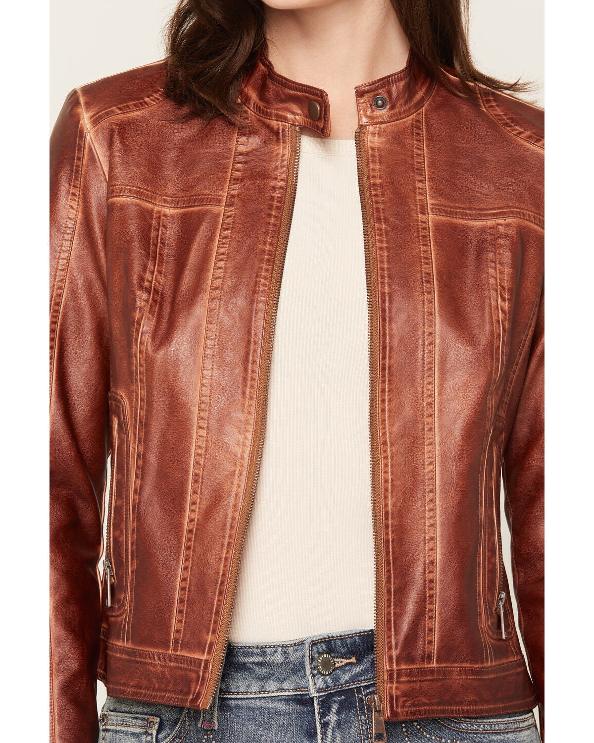 Image #3 - 26 International Women's Faux Leather Jacket, Brown, hi-res