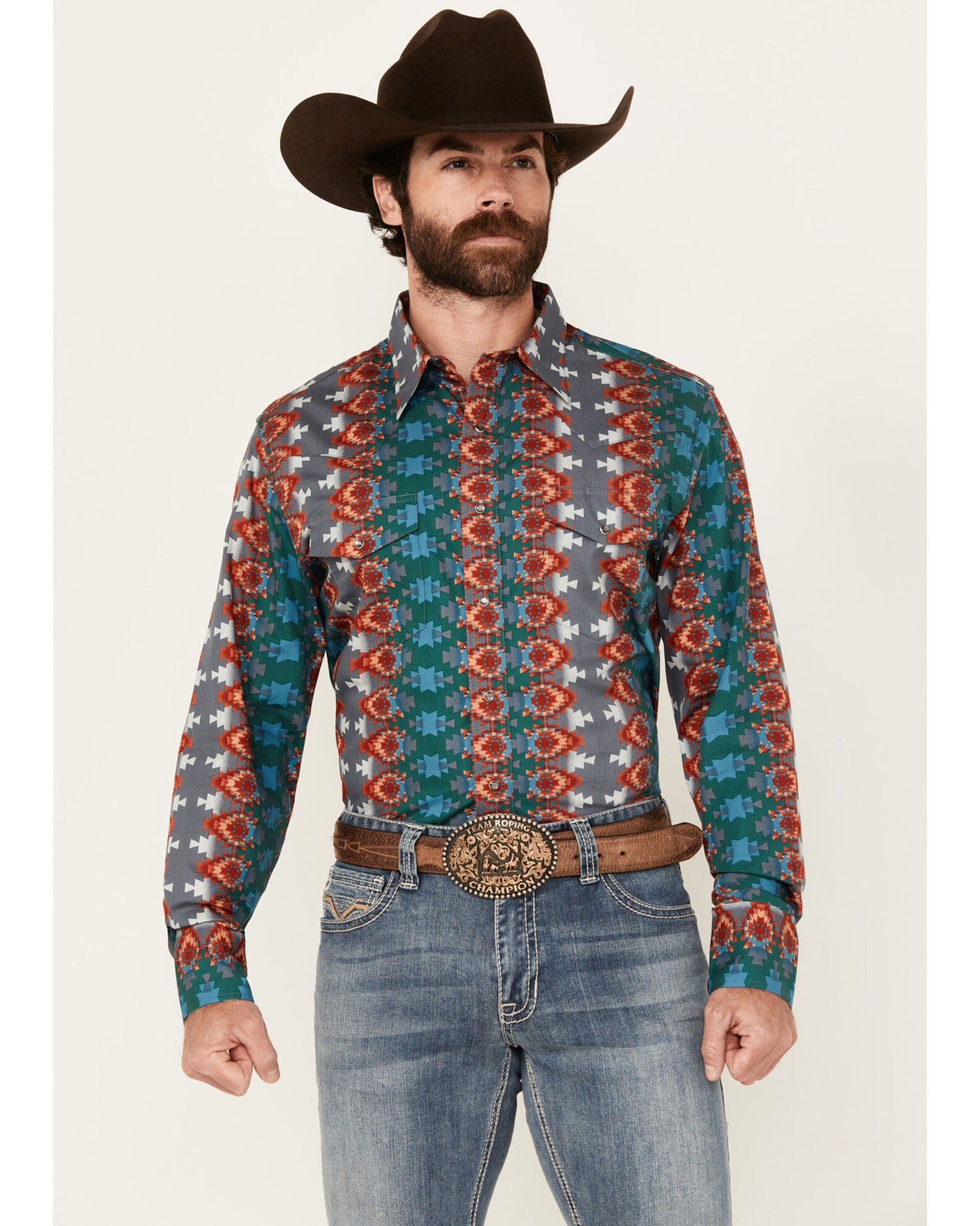 Boy's Wrangler Checotah® Long Sleeve Western Snap Printed Shirt-Sea Salt Blue main image 1