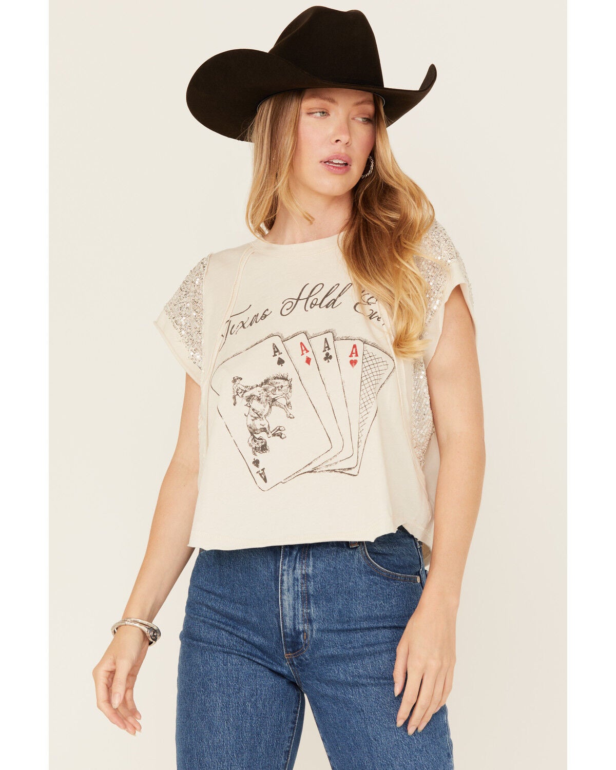 Originality Women's Texas Hold Em' Sequin Short Sleeve Graphic Tee, White, hi-res