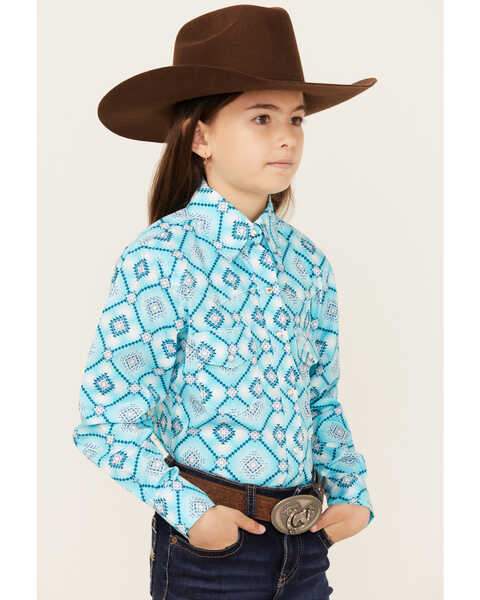 Image #2 - Cowgirl Hardware Girls' Diamond Print Long Sleeve Snap Western Shirt , Turquoise, hi-res