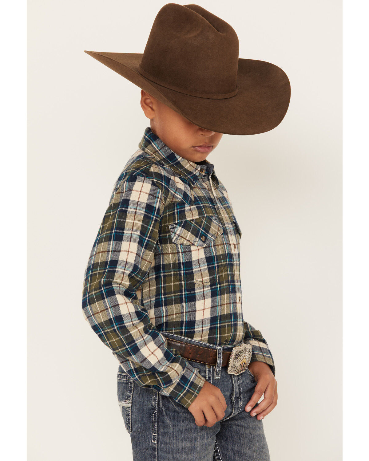 Image #2 - Cody James Boys' Plaid Print Long Sleeve Snap Western Flannel Shirt, Tan, hi-res
