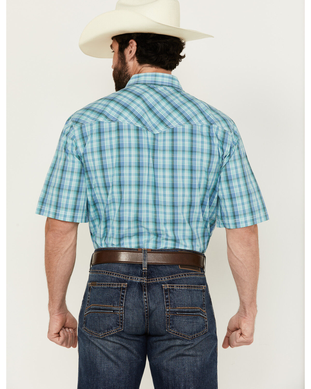Image #4 - Wrangler 20X Men's Plaid Print Short Sleeve Snap Stretch Western Shirt, Blue, hi-res