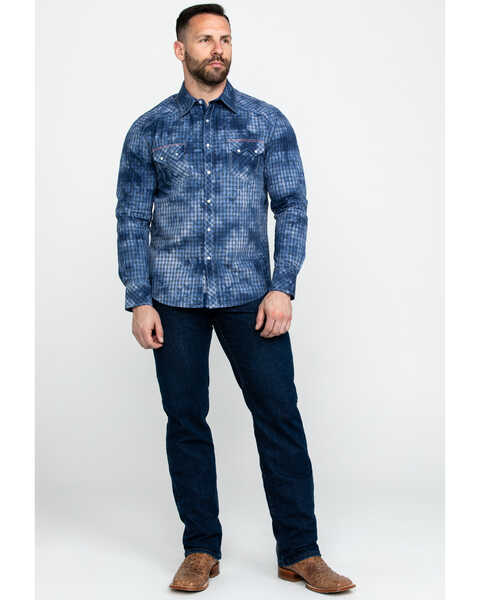Image #6 - Rock & Roll Denim Men's Spray Washed Satin Plaid Long Sleeve Western Shirt , Blue, hi-res