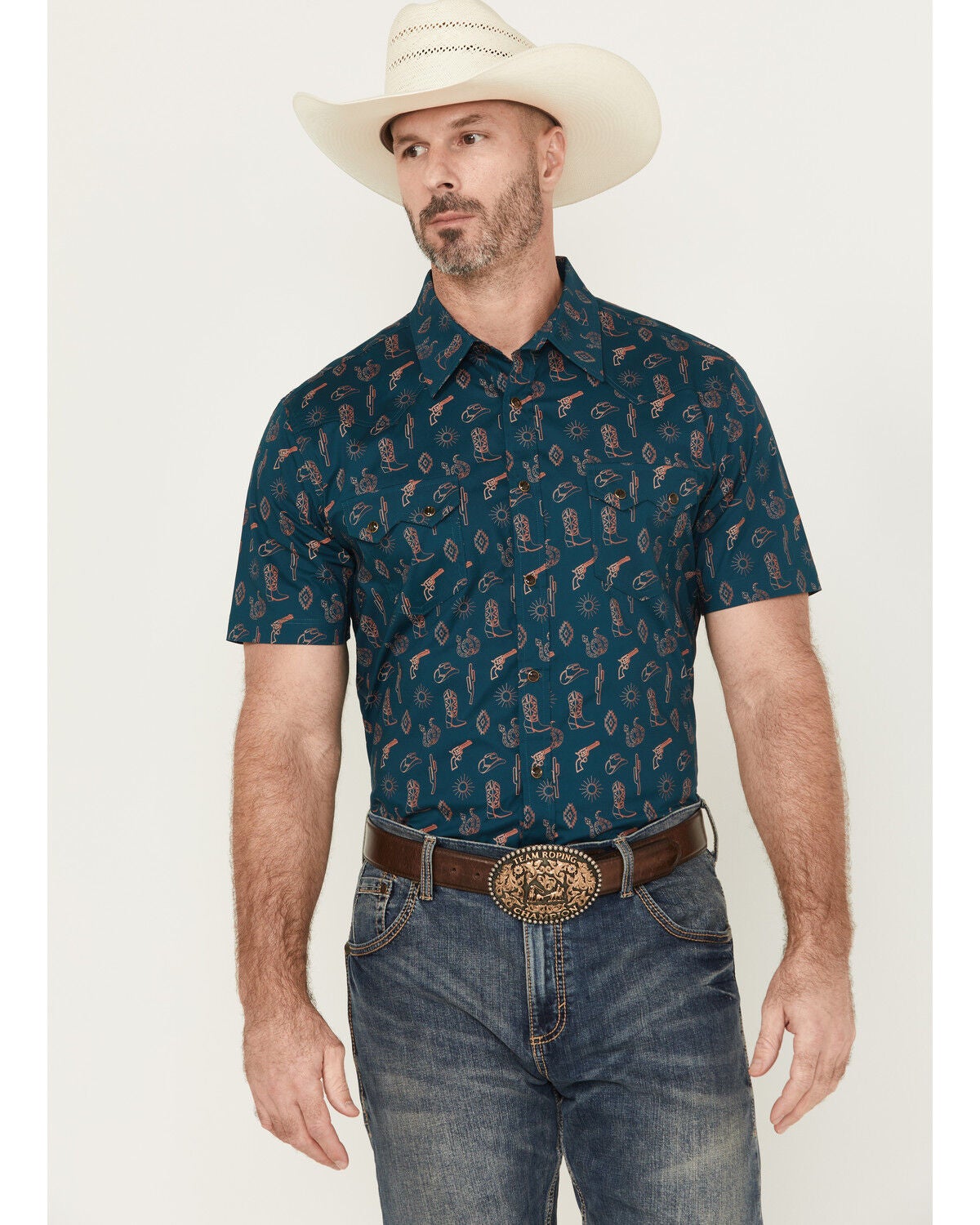 Image #1 - Rock & Roll Denim Men's Cowboy Print Short Sleeve Snap Stretch Western Shirt, , hi-res