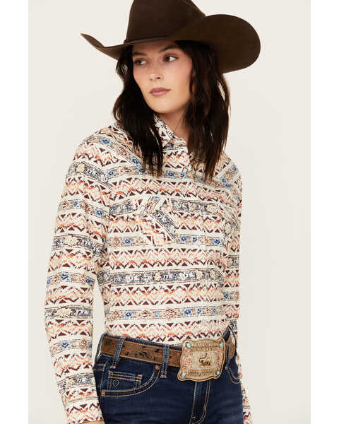 Image #2 - Panhandle Women's Southwestern Print Long Sleeve Snap Western Shirt , Natural, hi-res