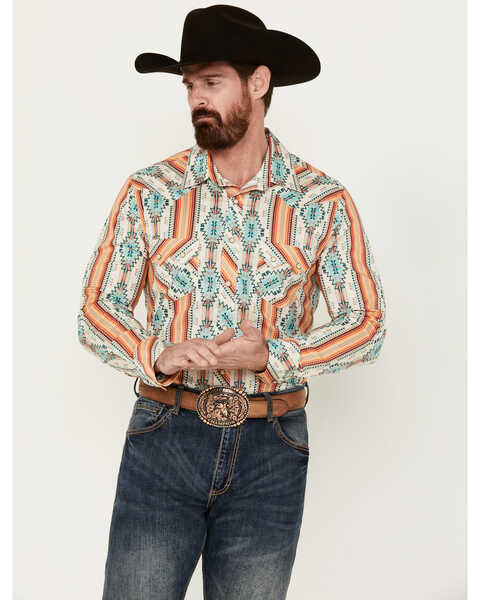 Rock & Roll Denim Men's Southwestern Print Long Sleeve Pearl Snap Stretch Western Shirt , Cream, hi-res