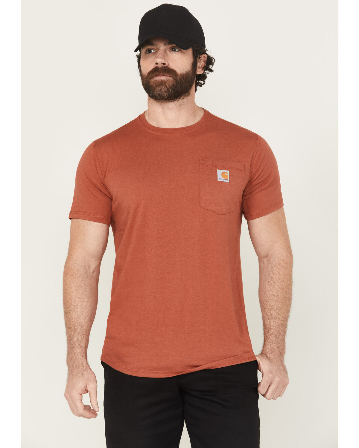 Image #1 - Carhartt Men's Force Relaxed Midweight Logo Pocket Short Sleeve Work T-Shirt, Red, hi-res