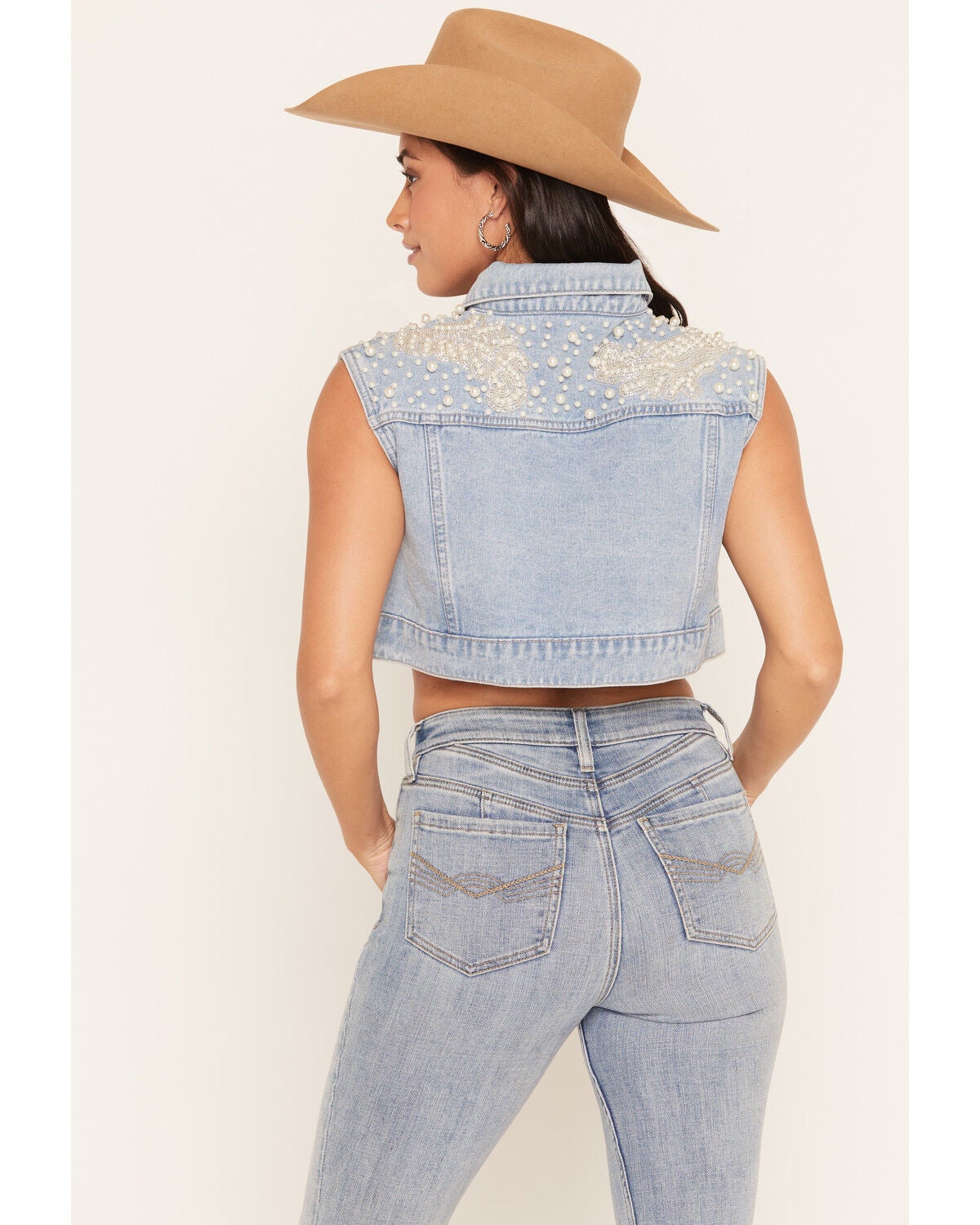 Image #4 - Azalea Wang Women's Adalyn Pearl Embellished Cropped Trucker Vest, Medium Wash, hi-res