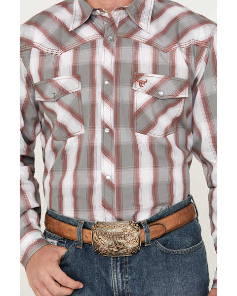 Image #2 - Cowboy Hardware Men's Hombre Plaid Print Long Sleeve Pearl Snap Western Shirt, Grey, hi-res