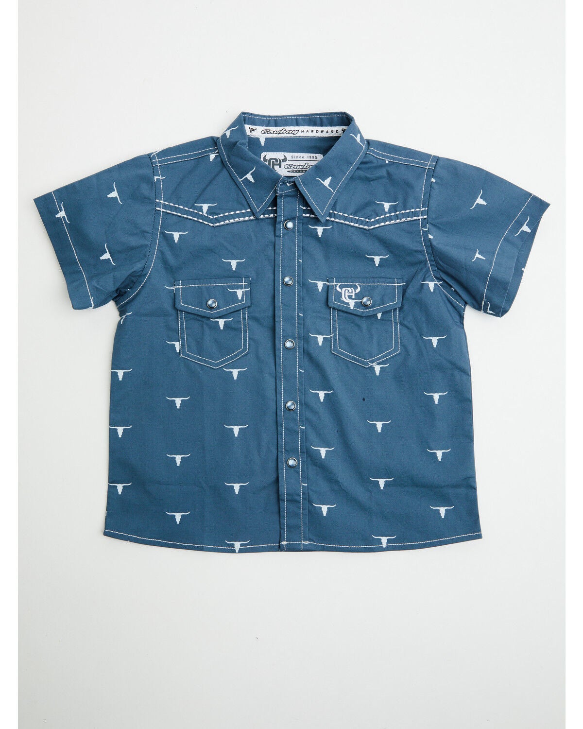 Cowboy Hardware Toddler Boys' Scattered Skull Short Sleeve Pearl Snap Western Shirt, Blue, hi-res