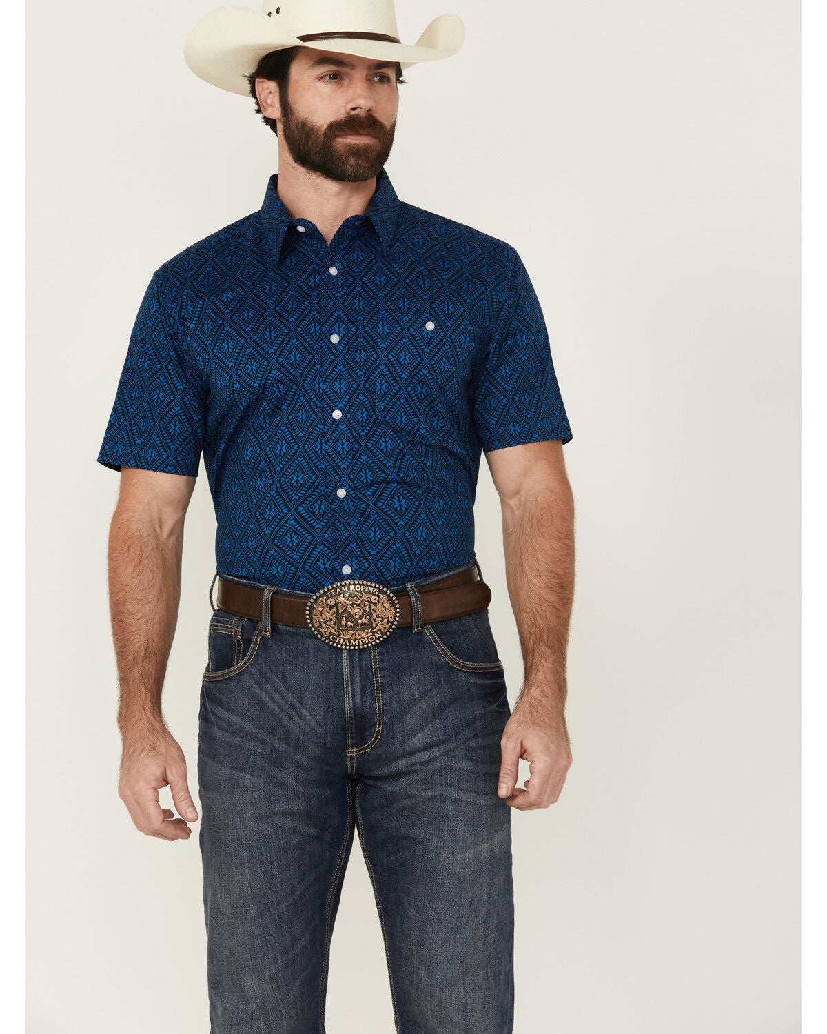 Image #1 - RANK 45&reg; Men's Ribbon Medallion Print Short Sleeve Button-Down Stretch Western Shirt, Blue, hi-res