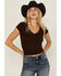 Image #1 - Shyanne Women's V Neck Short Sleeve Stretch Knit Top, Dark Brown, hi-res