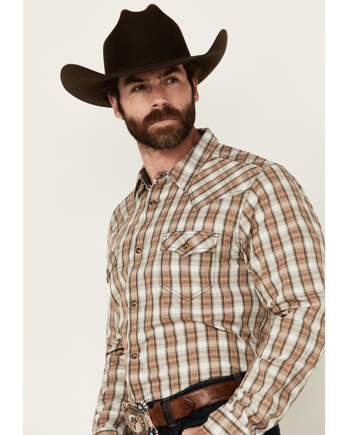 Cody James Men's Last Hurdle Plaid Print Long Sleeve Button-Down Stretch Western Shirt, Ivory, hi-res