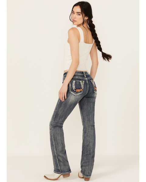 Image #1 - Grace In LA Women's Light Wash Floral Horseshoe Pocket Mid Rise Bootcut Stretch Denim Jeans , Light Wash, hi-res