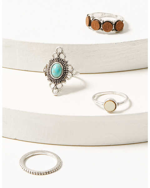 Image #1 - Shyanne Women's 4-piece Turquoise & Silver Beaded Wood Ring Set, Silver, hi-res