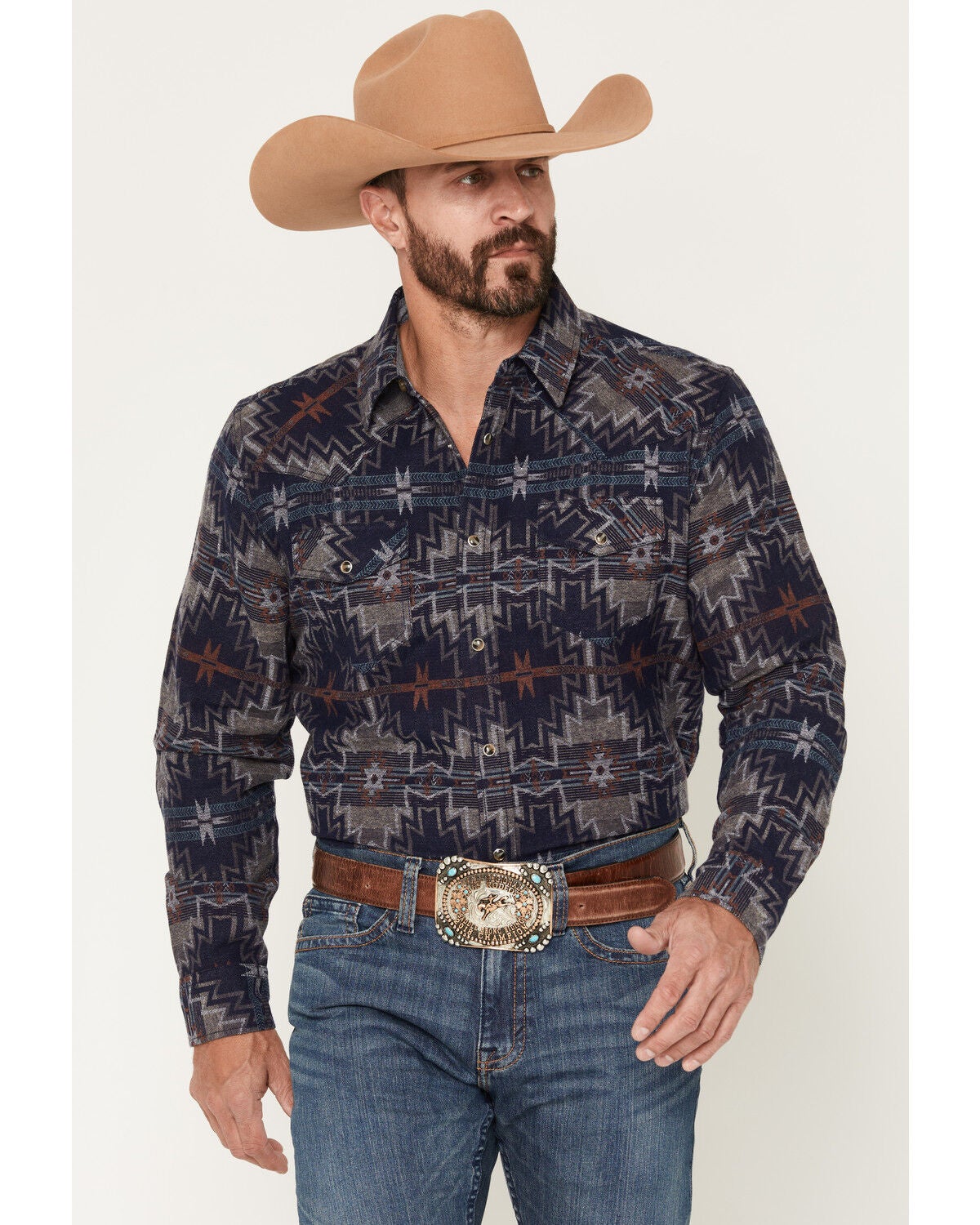 Cody James Men's Bowie Knife Southwestern Print Long Sleeve Snap Flannel Shirt, Navy, hi-res