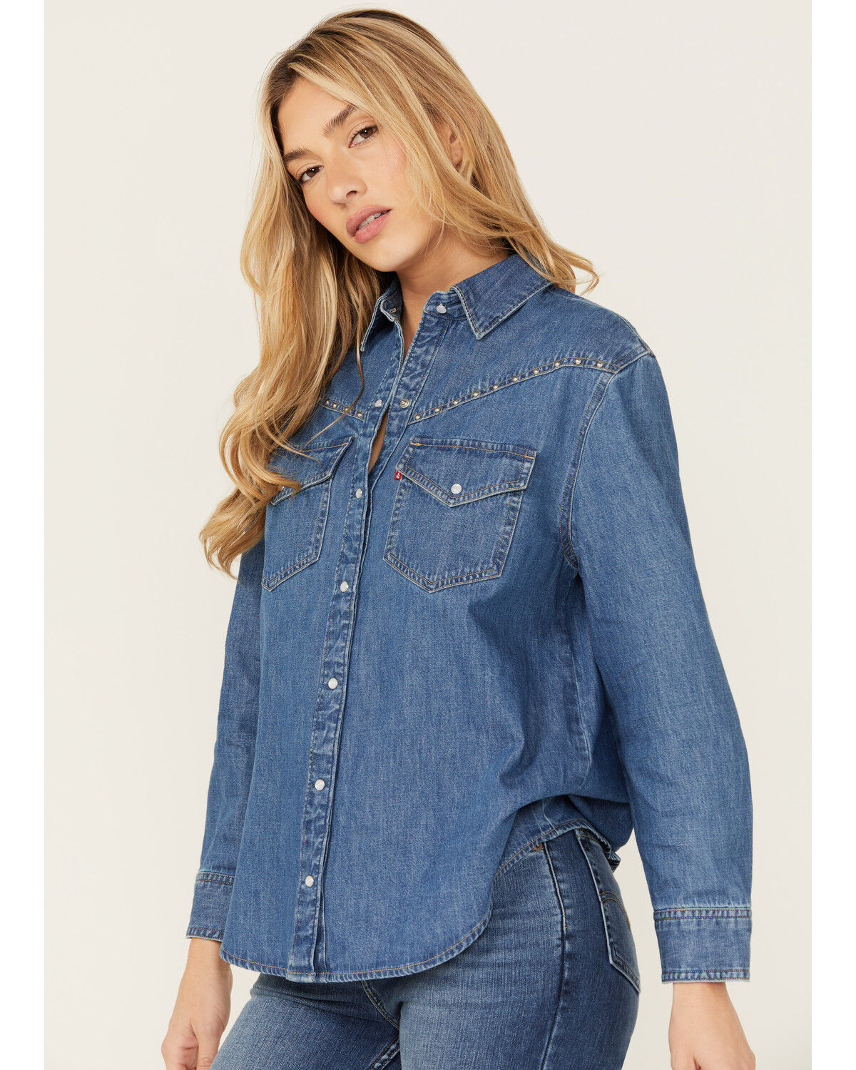 Image #2 - Levi's Women's Dark Medium Wash Sawyer Western Denim Studded Shirt, Dark Wash, hi-res